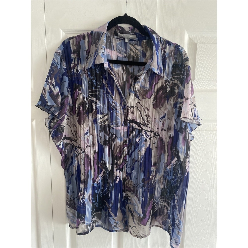 NY Collection Abstract‎ Pleated Button Down Womens Size 2X Blue Purple Polyester